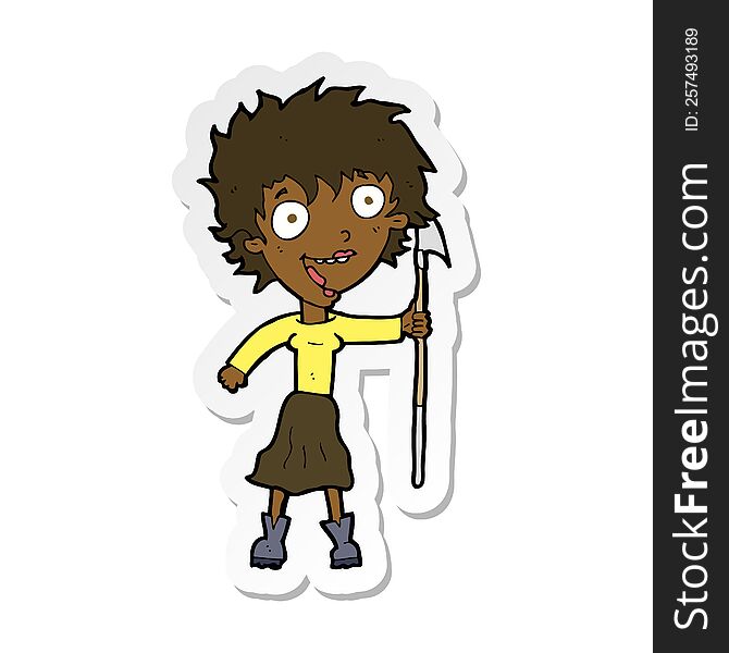 sticker of a cartoon crazy woman with spear