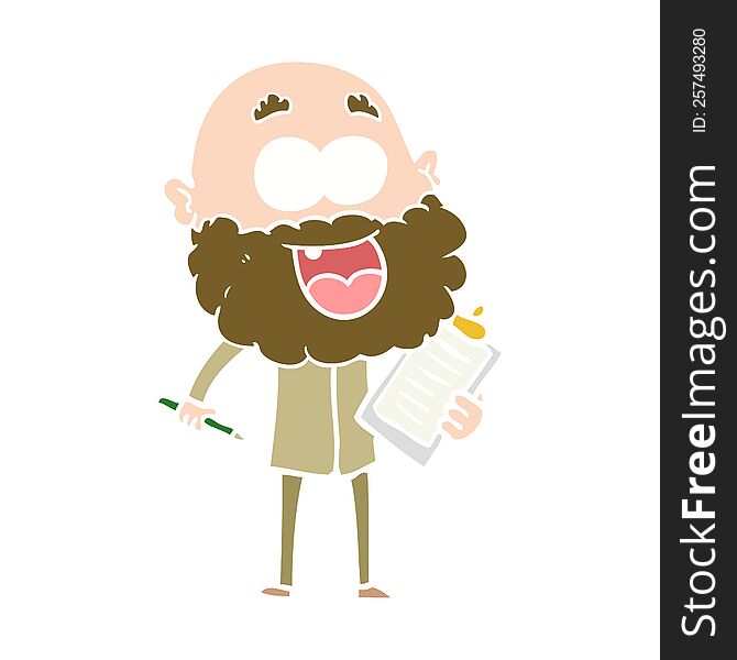 flat color style cartoon crazy happy man with beard and clip board for notes