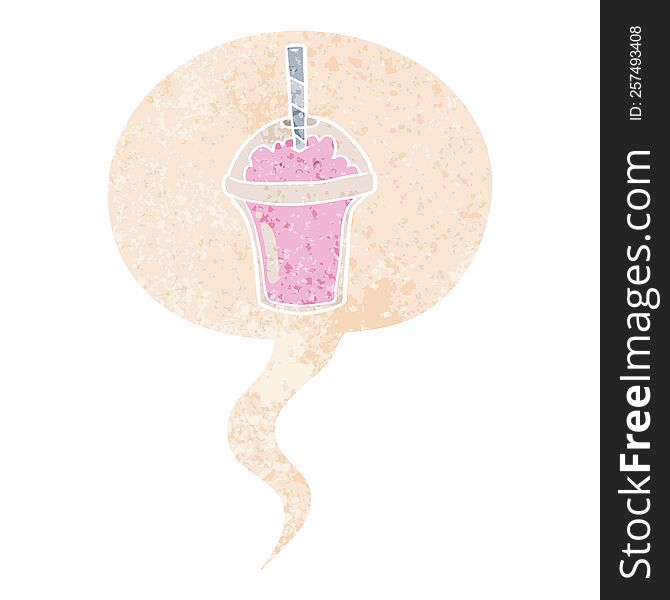 cartoon smoothie with speech bubble in grunge distressed retro textured style. cartoon smoothie with speech bubble in grunge distressed retro textured style