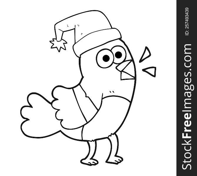 Black And White Cartoon Bird Wearing Christmas Hat