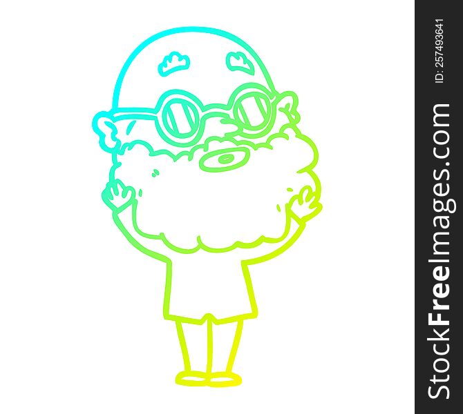 cold gradient line drawing of a cartoon curious man with beard and glasses