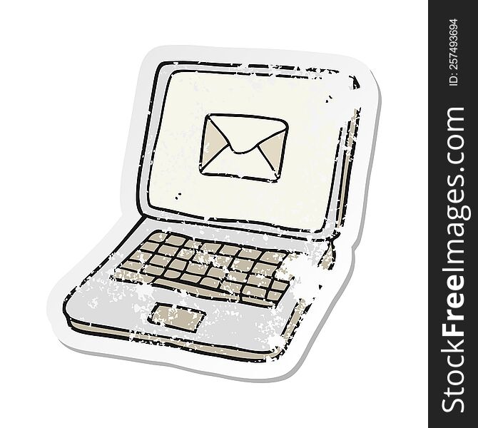 retro distressed sticker of a cartoon laptop computer with message symbol on screen