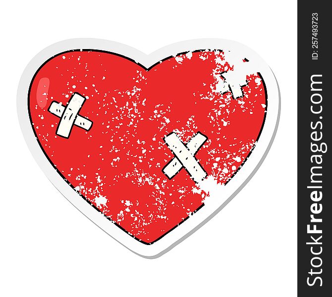 distressed sticker of a cartoon beaten up heart