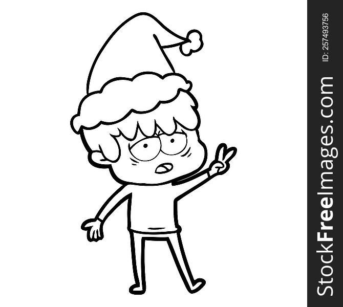 hand drawn line drawing of a exhausted boy wearing santa hat