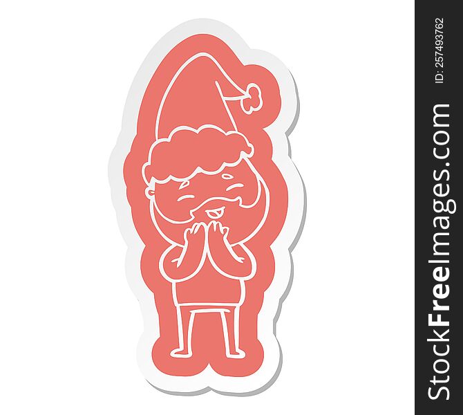Cartoon  Sticker Of A Happy Bearded Man Wearing Santa Hat