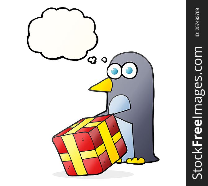 freehand drawn thought bubble cartoon penguin with christmas present