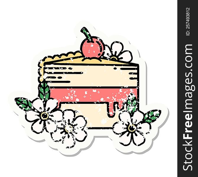 Traditional Distressed Sticker Tattoo Of A Slice Of Cake And Flowers