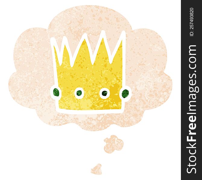 Cartoon Crown And Thought Bubble In Retro Textured Style