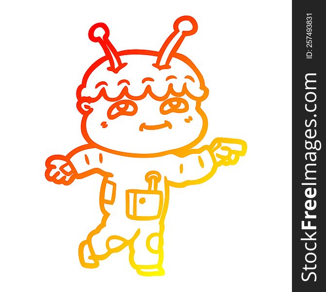 Warm Gradient Line Drawing Friendly Cartoon Spaceman Pointing