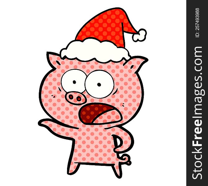 Comic Book Style Illustration Of A Pig Shouting Wearing Santa Hat