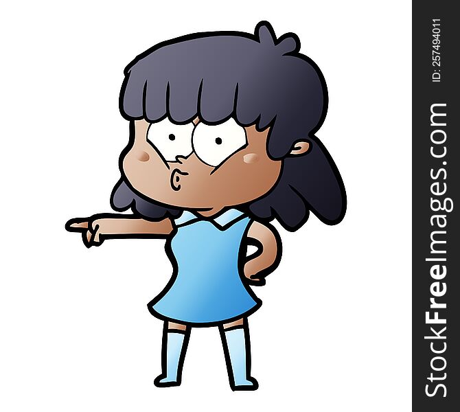cartoon whistling girl pointing. cartoon whistling girl pointing