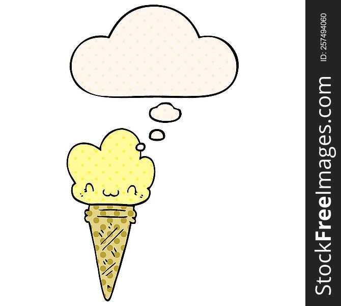 Cartoon Ice Cream With Face And Thought Bubble In Comic Book Style