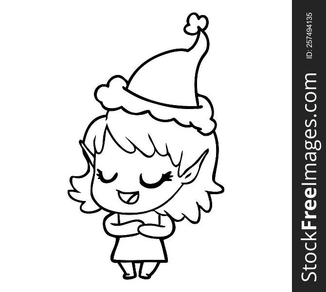 happy hand drawn line drawing of a elf girl wearing santa hat. happy hand drawn line drawing of a elf girl wearing santa hat