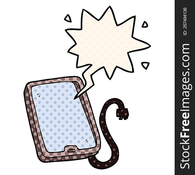 cartoon computer tablet with speech bubble in comic book style