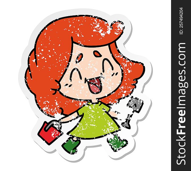 Distressed Sticker Cartoon Of Cute Kawaii Girl With Bucket And Spade