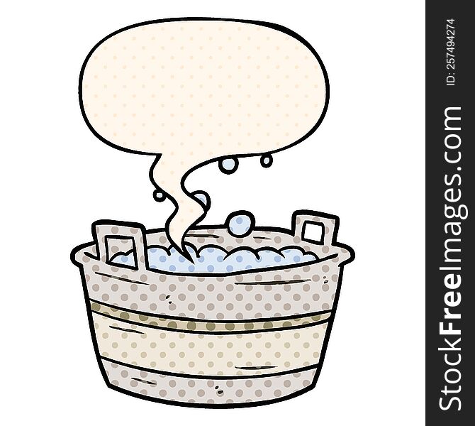 Cartoon Old Tin Bath Full Of Water And Speech Bubble In Comic Book Style