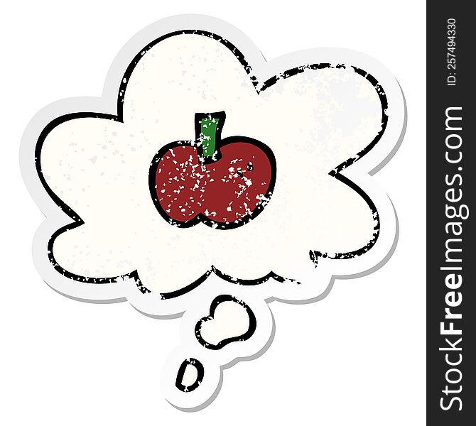 cartoon apple symbol with thought bubble as a distressed worn sticker