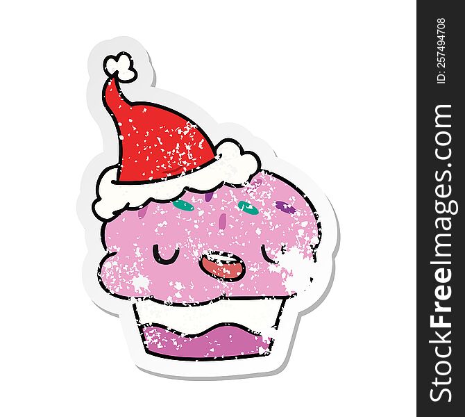 hand drawn christmas distressed sticker cartoon of kawaii cupcake