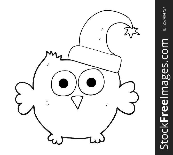freehand drawn black and white cartoon little owl wearing christmas hat