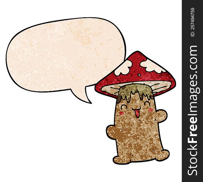 Cartoon Mushroom Character And Speech Bubble In Retro Texture Style