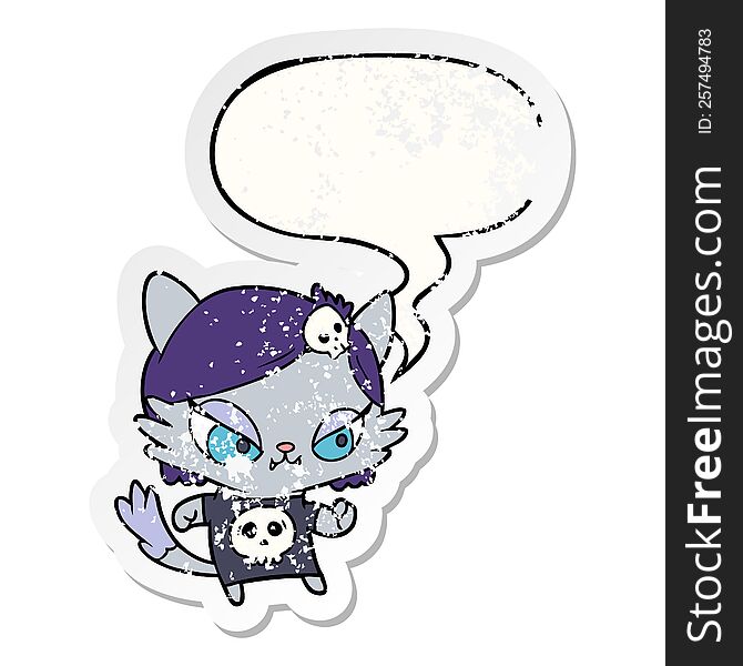 cute cartoon tough cat girl and speech bubble distressed sticker