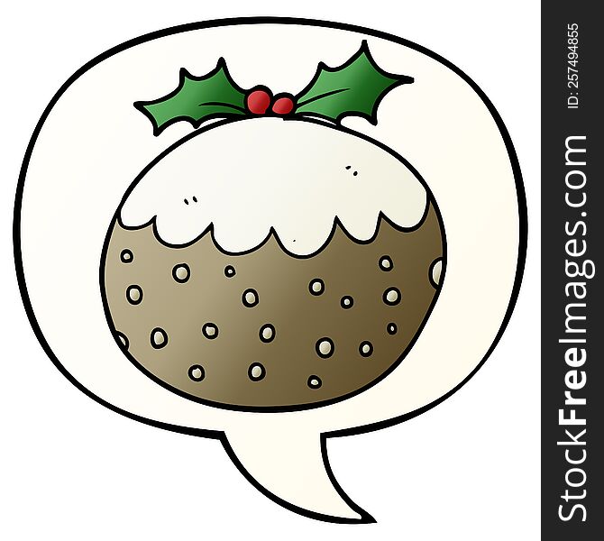 Cartoon Christmas Pudding And Speech Bubble In Smooth Gradient Style
