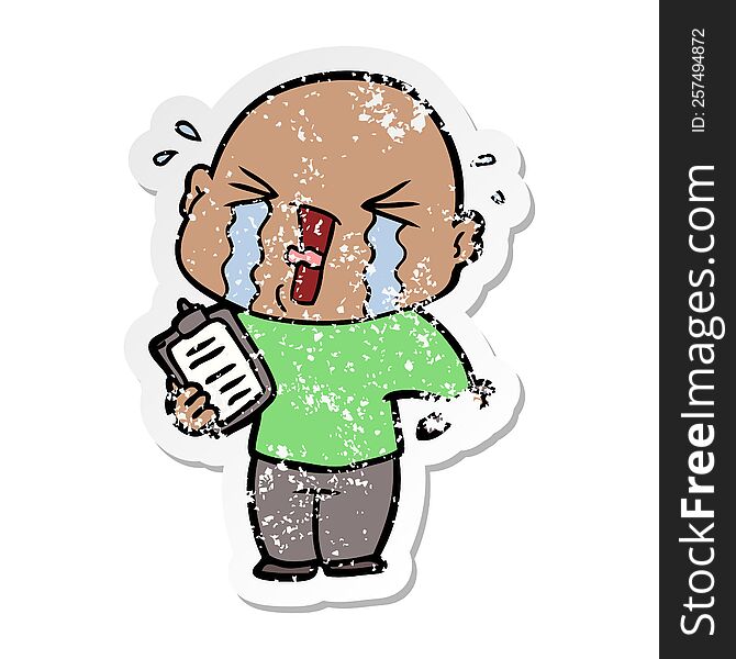 Distressed Sticker Of A Cartoon Crying Man With Clipboard