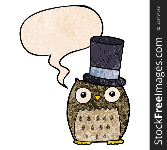 Cartoon Owl Wearing Top Hat And Speech Bubble In Retro Texture Style