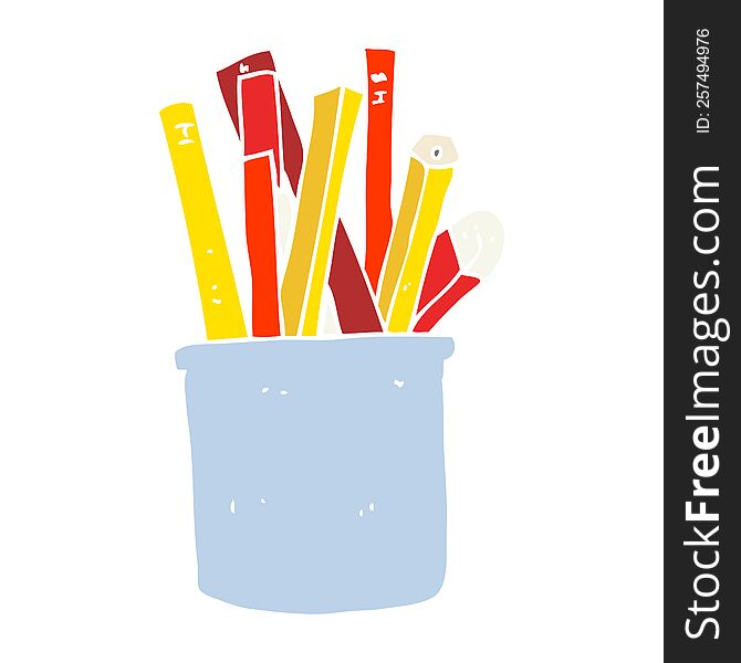 flat color illustration of a cartoon desk pot of pencils and pens