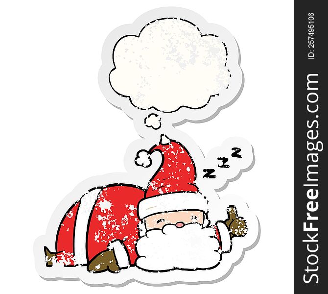 cartoon sleepy santa with thought bubble as a distressed worn sticker