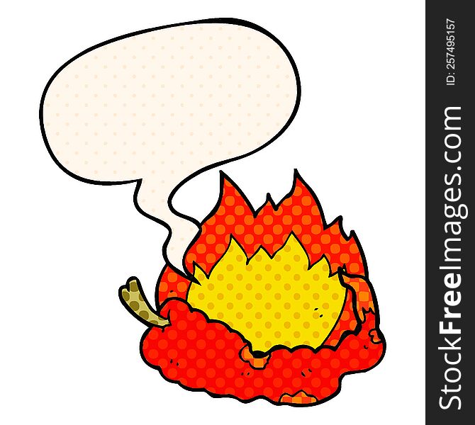 cartoon hot chili pepper with speech bubble in comic book style