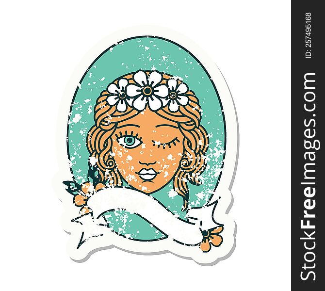 Grunge Sticker With Banner Of A Maiden With Crown Of Flowers Winking
