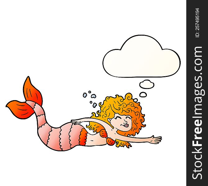 Cartoon Mermaid And Thought Bubble In Smooth Gradient Style