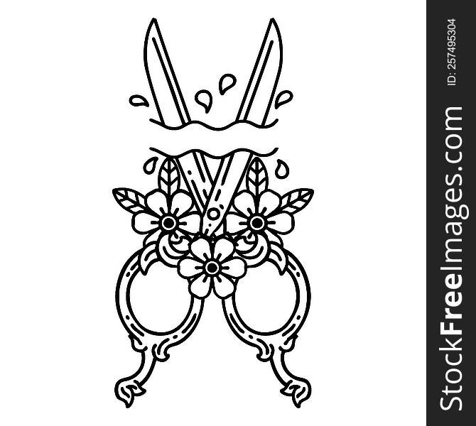 tattoo in black line style of barber scissors and flowers. tattoo in black line style of barber scissors and flowers