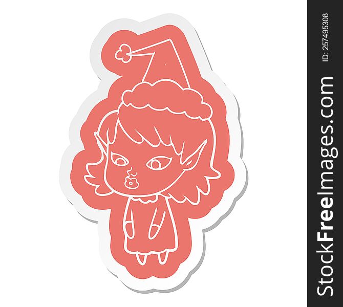 quirky cartoon  sticker of a elf girl with pointy ears wearing santa hat