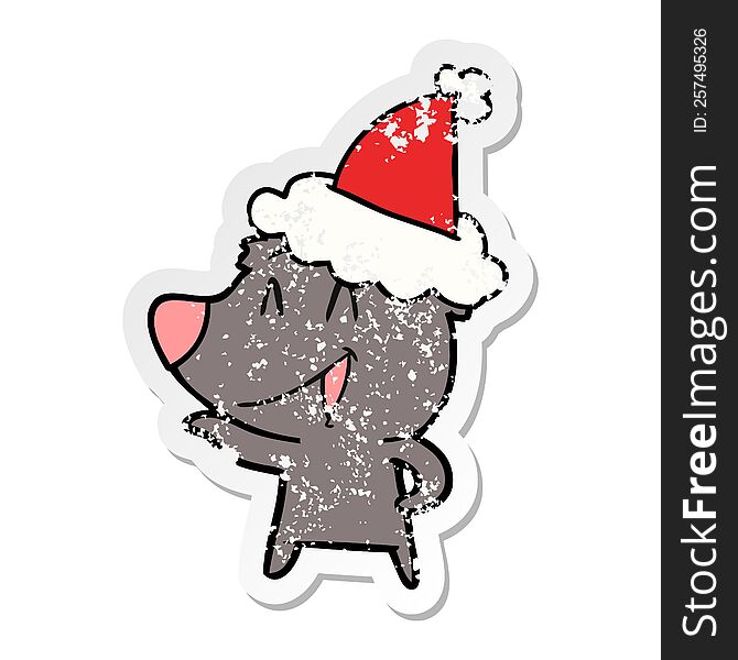 Laughing Bear Distressed Sticker Cartoon Of A Wearing Santa Hat