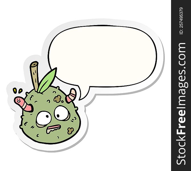 cartoon rotting old pear and worm and speech bubble sticker
