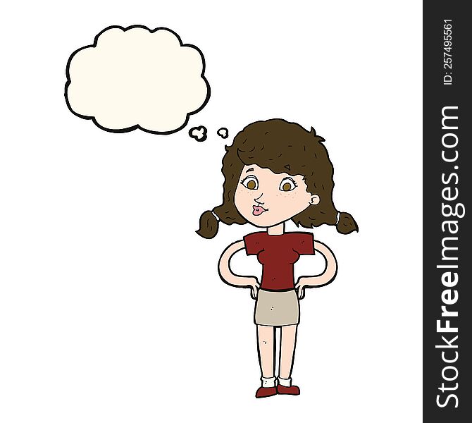 Cartoon Pretty Girl With Hands On Hips With Thought Bubble