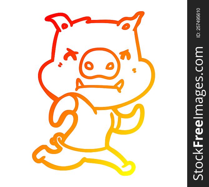 warm gradient line drawing of a angry cartoon pig running