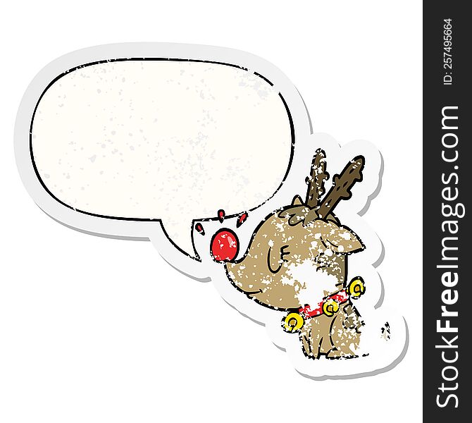 Cartoon Christmas Reindeer And Speech Bubble Distressed Sticker