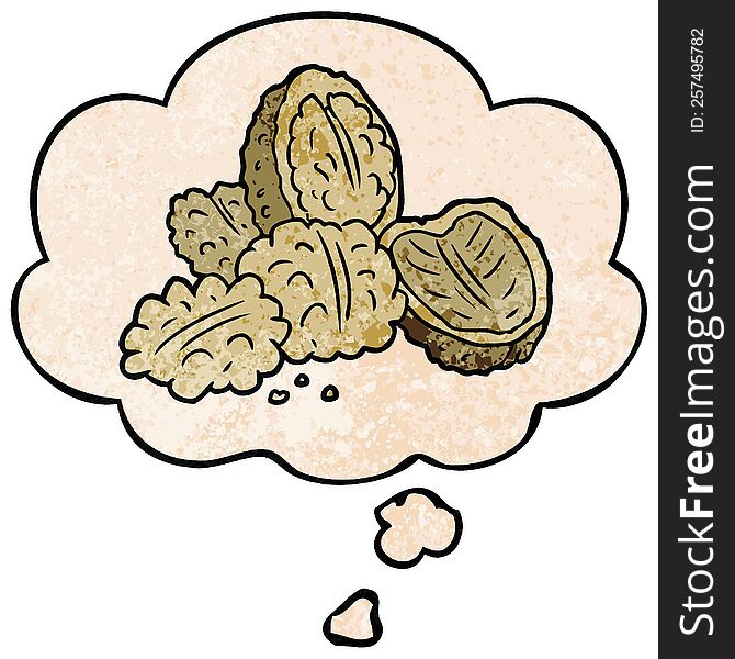 Cartoon Walnuts And Thought Bubble In Grunge Texture Pattern Style