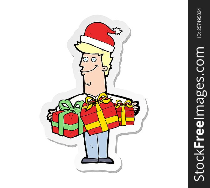 Sticker Of A Cartoon Man With Gifts