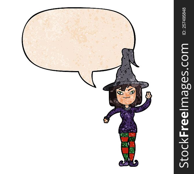 Cartoon Witch And Speech Bubble In Retro Texture Style