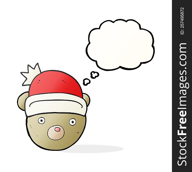 freehand drawn thought bubble cartoon teddy bear wearing christmas hat
