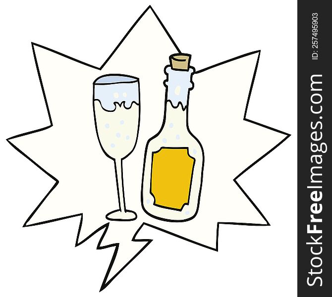 cartoon champagne bottle and glass and speech bubble