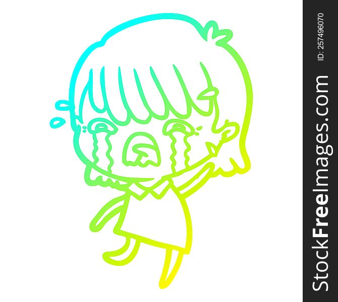 cold gradient line drawing of a cartoon girl crying