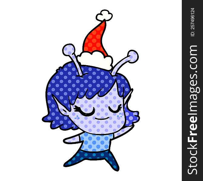 Smiling Alien Girl Comic Book Style Illustration Of A Wearing Santa Hat