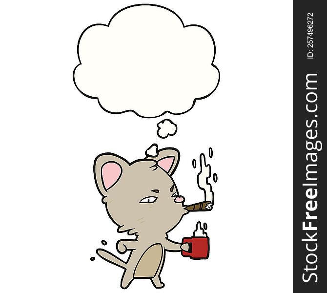cartoon cat with coffee and cigar with thought bubble