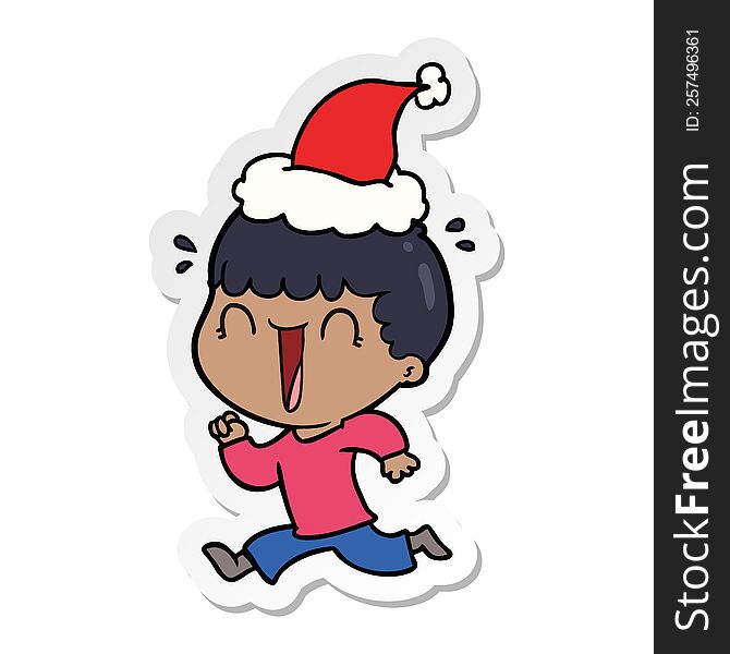 laughing hand drawn sticker cartoon of a man wearing santa hat. laughing hand drawn sticker cartoon of a man wearing santa hat