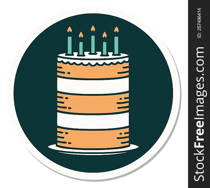 sticker of tattoo in traditional style of a birthday cake. sticker of tattoo in traditional style of a birthday cake